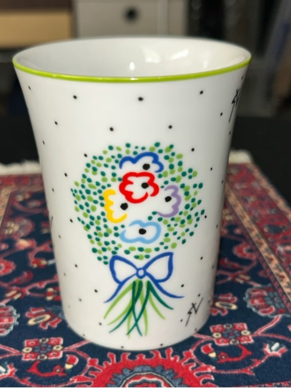 White Ceramic Vase with Colorful Floral Bouquet Motif